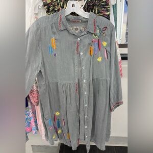 Johnny Was Embroidered Button Down Tunic Top